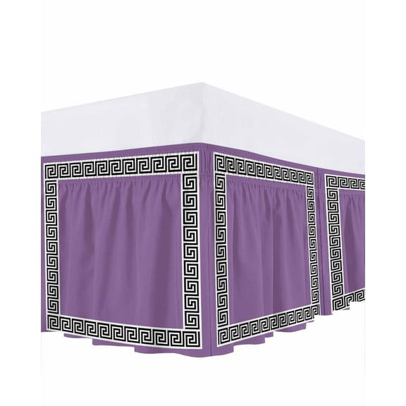 Purple Bed Skirt Queen Size 16" Drop Greek Chinese Style Border Geometric Ruffled Wrap Around Bed Skirts Adjustable Elastic Bedskirt Dust Ruffle for Queen Size Bed