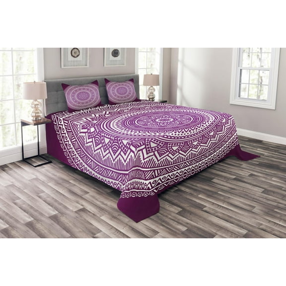 Purple Bedspread Set King Size, Ombre Mandala Art Print Vibrant Floral Pattern Boho Hippie Inspired Design, Quilted 3 Piece Decor Coverlet Set with 2 Pillow Shams, Purple and White, by Ambesonne