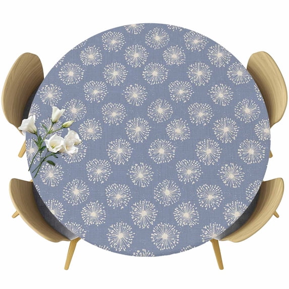 Purple Beige Dandelion Round Tablecloth, Fitted Table Cover with Elastic for 55"-60" Round Tables, Farmhouse Botanical Blossom Table Cloth Outdoor Indoor Dinning Party Waterproof Tablecloths