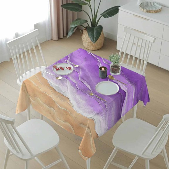 Purple Beige Ocean Waves Table Cloth 54x54in, Waterproof Square Tablecloth Wipeable Tablecloths Beach Stripe Water Ripple Table Covers for Dining Tables Party Indoor Outdoor