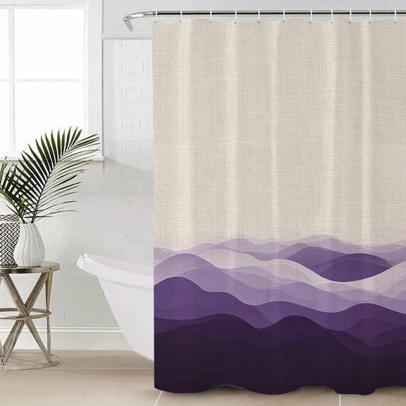 Purple Beige Ombre Extra Long Shower Curtain Set, Waterproof Shower Curtains for Bathroom, Minimalist Ocean Waves Linen Washable Fabric Cloth Bath Curtain for Bathtub with Hooks 72x96 Inches
