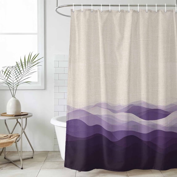 Purple Beige Ombre Waterproof Fabric Shower Curtain,Minimalist Ocean Waves Linen Waterproof Fabric Shower Curtain for Bathroom Curtains Bathtubs Hotel Shower Curtains with 12 Hooks Long 72x78in