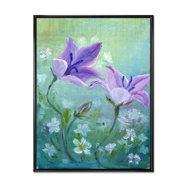 Purple Bellflowers Blooming 12 in x 20 in Framed Painting Canvas Art Print, by Designart
