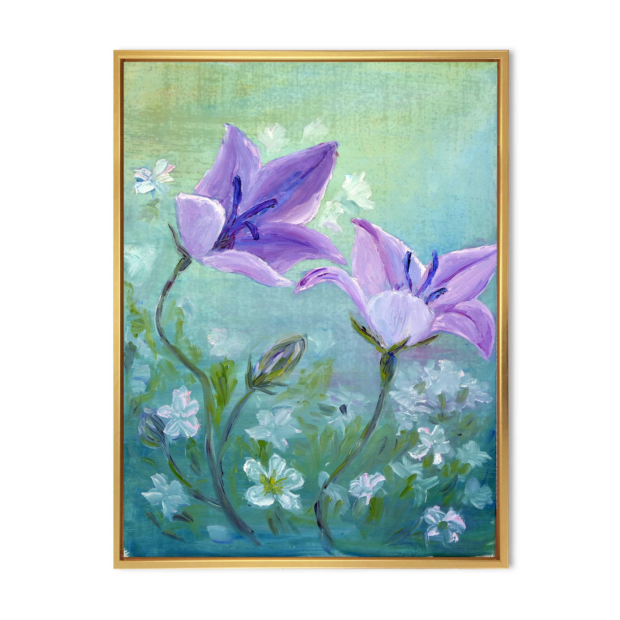 Purple Bellflowers Blooming 24 in x 32 in Framed Painting Canvas Art Print, by Designart
