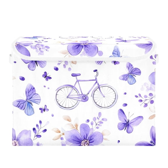 Purple Bike Butterflies Flowers Foldable Storage Bin with Lid and Handle Collapsible Storage Box 16.5 x 12.6 x 11.8 inches