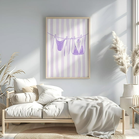 Purple Bikini Clothesline Poster, Purple Beachy Wall Art, Cute Coastal Poster, College Dorm Room Decor, Trendy Wall Art, 342, Stretched Canvas Size 16x24