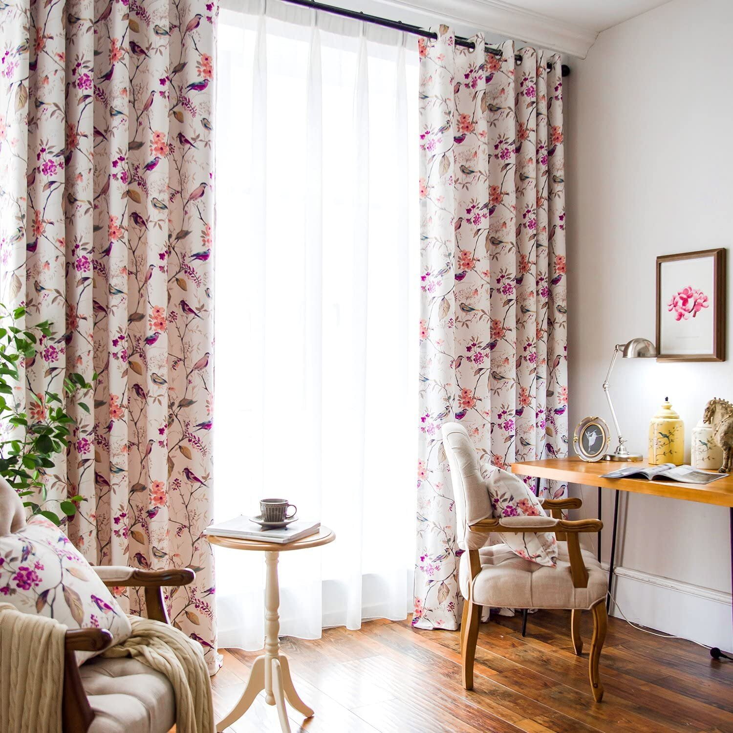 VOGOL Purple Bird Printed Bedroom Blackout Curtains, Grommet Window Panels, Floral Drapes for Room Office, One Panel, W52xL84
