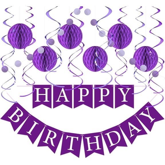 Purple Birthday Decorations Kit - 16-Piece Set with Pre-Strung Happy Birthday Banner, Honeycomb Balls, Garland & Swirls | Purple Theme Party Supplies for Women Girls Kids, Teens Adults