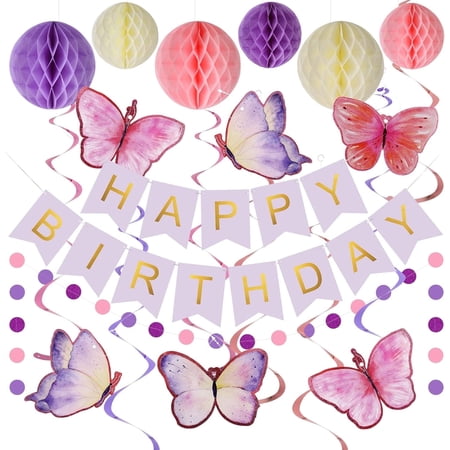 Purple Birthday Decorations - Purple Happy Birthday Banner with Honeycomb Ball, Butterflies Hanging Swirl Streamer, Circle Dot Garland Decoration - Birthday Party Decoration for Women Girl