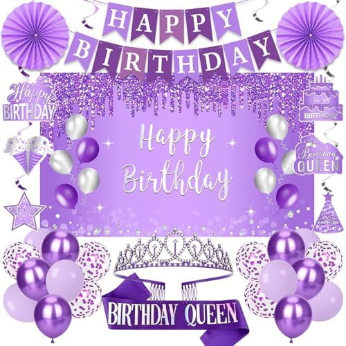 Purple Birthday Decorations for Women Girls, 30pcs Birthday Queen Crown and Sash, Purple Banner Balloons Backdrop Hanging Swirls Paper Fans Bday Party Decorations Kit Gifts for Her$$