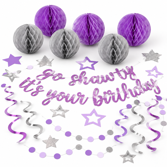 Purple Birthday Party Decoration Kit with Banner, Balls, Swirl Streamer and Garland