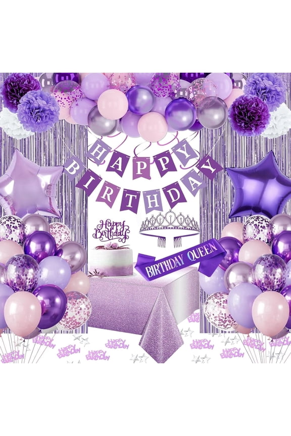 Purple Birthday Party Decorations with Balloons Banner Sash Crown Tablecloth Fringe Curtain for Women Girls