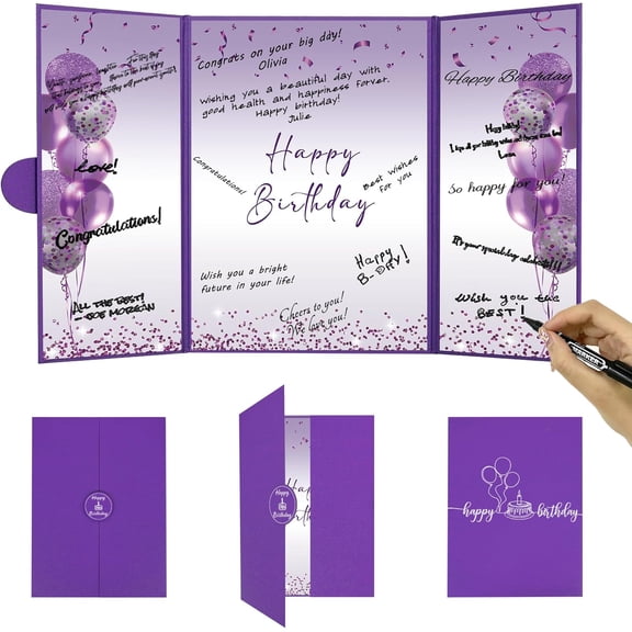Purple Birthday tions, Happy Alternative Signature Guestbook for Women Girls 30th 40th 50th 60th 70th 80th Gifts Signing Card Board Supplies