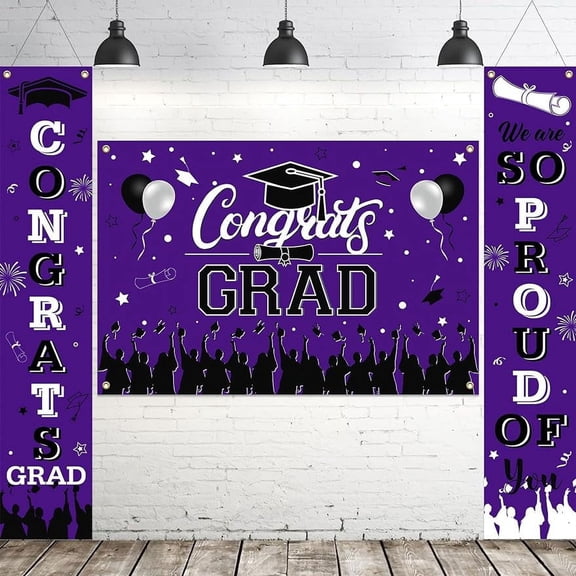 Purple and Black 2026 Graduation Decorations Congrats Grad Backdrop Banner We Are Proud of You Porch Sign for Class of 2026 Graduation Decorations High School College Graduation Decorations
