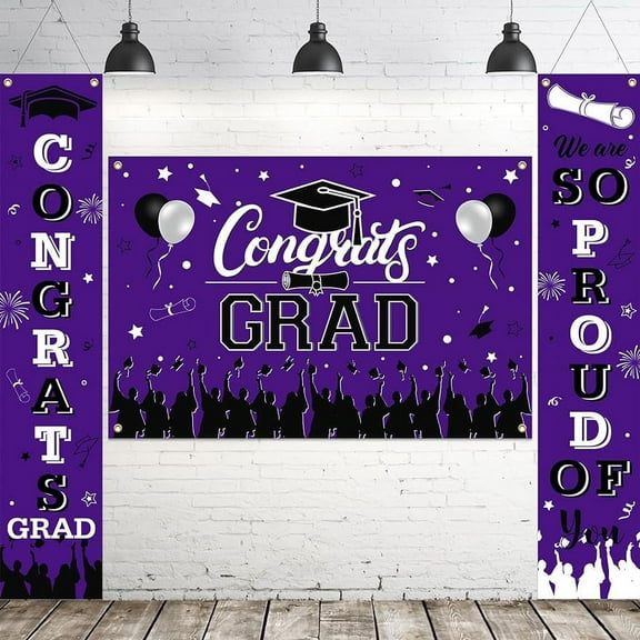 Purple and Black 2024 Graduation Decorations Congrats Grad Backdrop Banner We Are Proud of You Porch Sign for Class of 2024 Graduation Decorations High School College Graduation Decorations