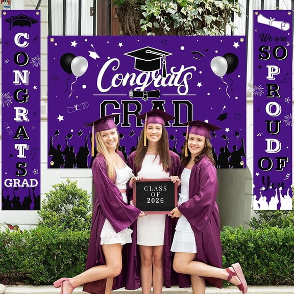 Purple and Black 2026 Graduation Decorations Congrats Grad Backdrop Banner We Are Proud of You Porch Sign for Class of 2026 Graduation Decorations High School College Decorations 6X4FT