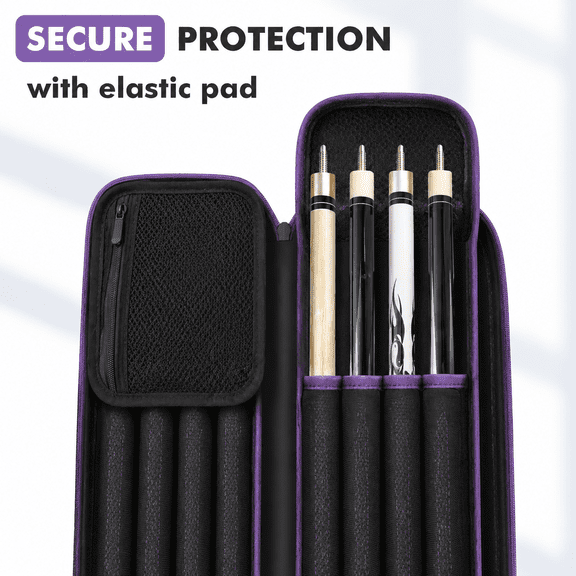 Purple/Black 4x5 Pool Cue Case with Accessory Pockets and Adjustable Shoulder Strap