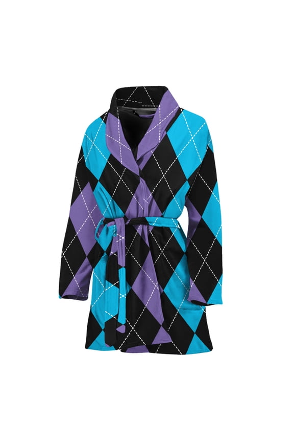 Purple Black And Blue Argyle Women Bathrobe One Size Univeral Fits, Checkered Caro Plaid Tartan Fashion Lightweight Plush Fleece Long Robe For Women