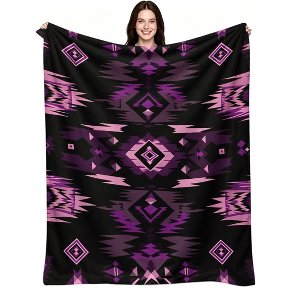 Purple Black Aztec Geometric Print, Cozy Warm Soft Flannel Fleece, Southwestern, Throw Blanket, Comfortable, Living, for Couch Bed Sofa Relaxing Skin-Friendly