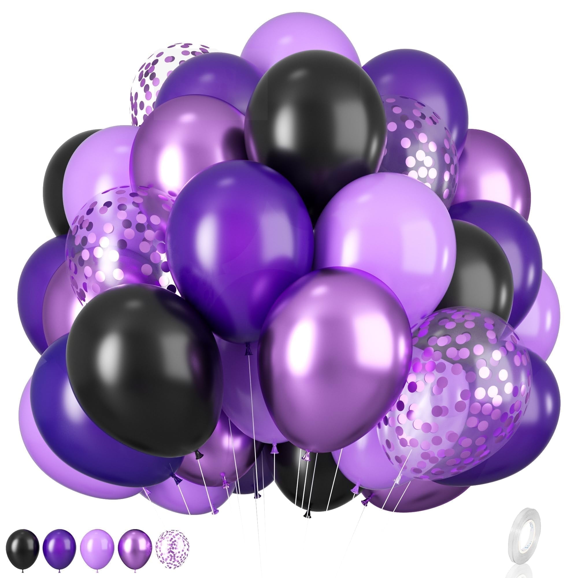 Purple and Black Balloons, 12 Inch Metallic Purple Dark Purple Black Balloons with Purple Confetti Latex Balloons for Halloween Birthday Wedding Graduations Balloons Party Decorations