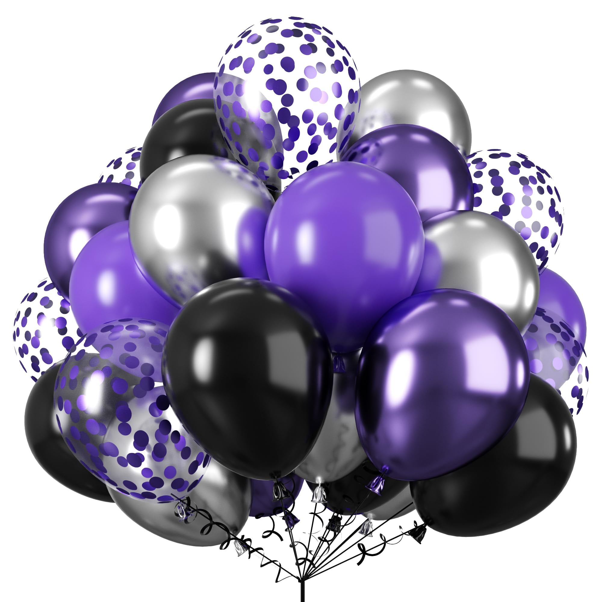 Purple and Black Balloons, 60 Packs 12 Inch Dark Purple Light Purple Black Balloons with Metallic Silver Confetti Latex Balloons for Halloween, Girls Women Birthday Wedding Party Decorations