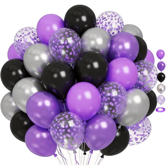 Purple and Black Balloons,60 Pcs 12 Inches Metallic Purple Metallic Silver Matte Black Purple Matte Black Balloons Confetti Balloons for Birthday, Wedding, Halloween Party Decorations