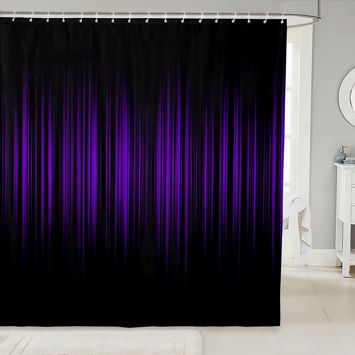 Purple and Black Bathroom Shower Curtain Set Abstract Ombre Bath Curtain Gradient Purple Lines Shower Curtain Purple Black Gradient Bathroom Accessories with Hooks 60"W x 72"L (Pack of 1)