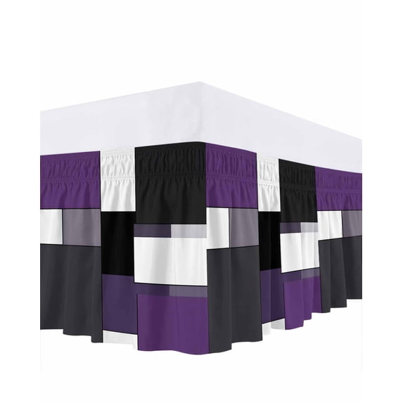 Purple Black Bed Skirt Grey Geometric Abstract Color Block Modern Bed Skirts King Size 16 Inch Drop, Wrap Around Dust Ruffle Bedskirt with Adjustable Elastic Belt for Queen Size Beds