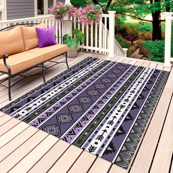 Purple Black Boho Outdoor Rug for Patio/Deck/Porch, Non-Slip Large Area Rug 6 x 9 Ft, Vintage Tribal Striped Southwestern Indoor Outdoor Rugs Washable Area Rugs, Reversible Camping Rug Carpet Runner