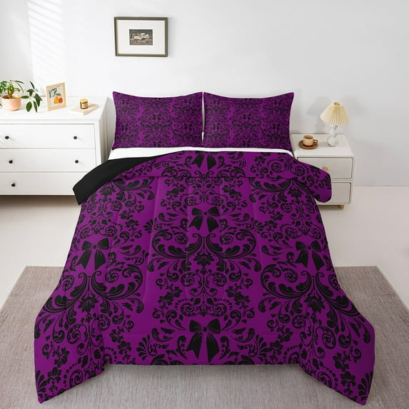 Purple Black Bowknot Comforter Set Antique Victorian Damask Down Comforter,Bowknot Bedding Sets Full,Vintage Floral Gothic Quilt Set Exotic Flowers Bohemian Baroque Decor