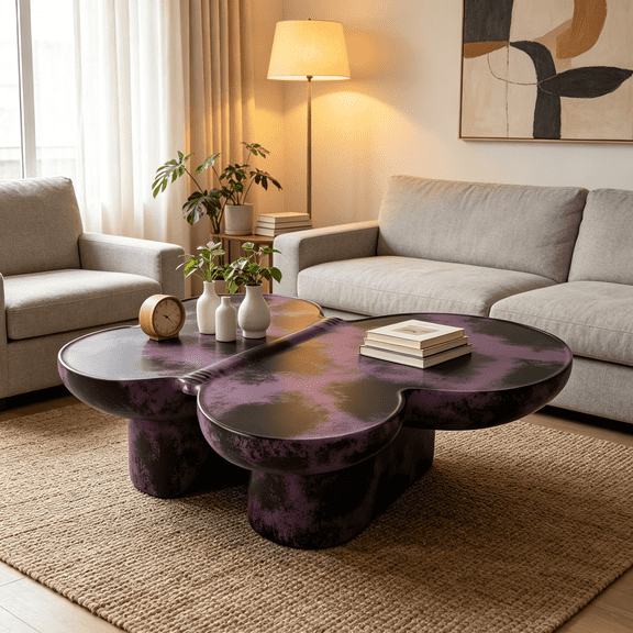 Purple Black Butterfly Coffee Table, Faux Travertine Textured Fiberglass Modern Table for Living Room & Office Decor