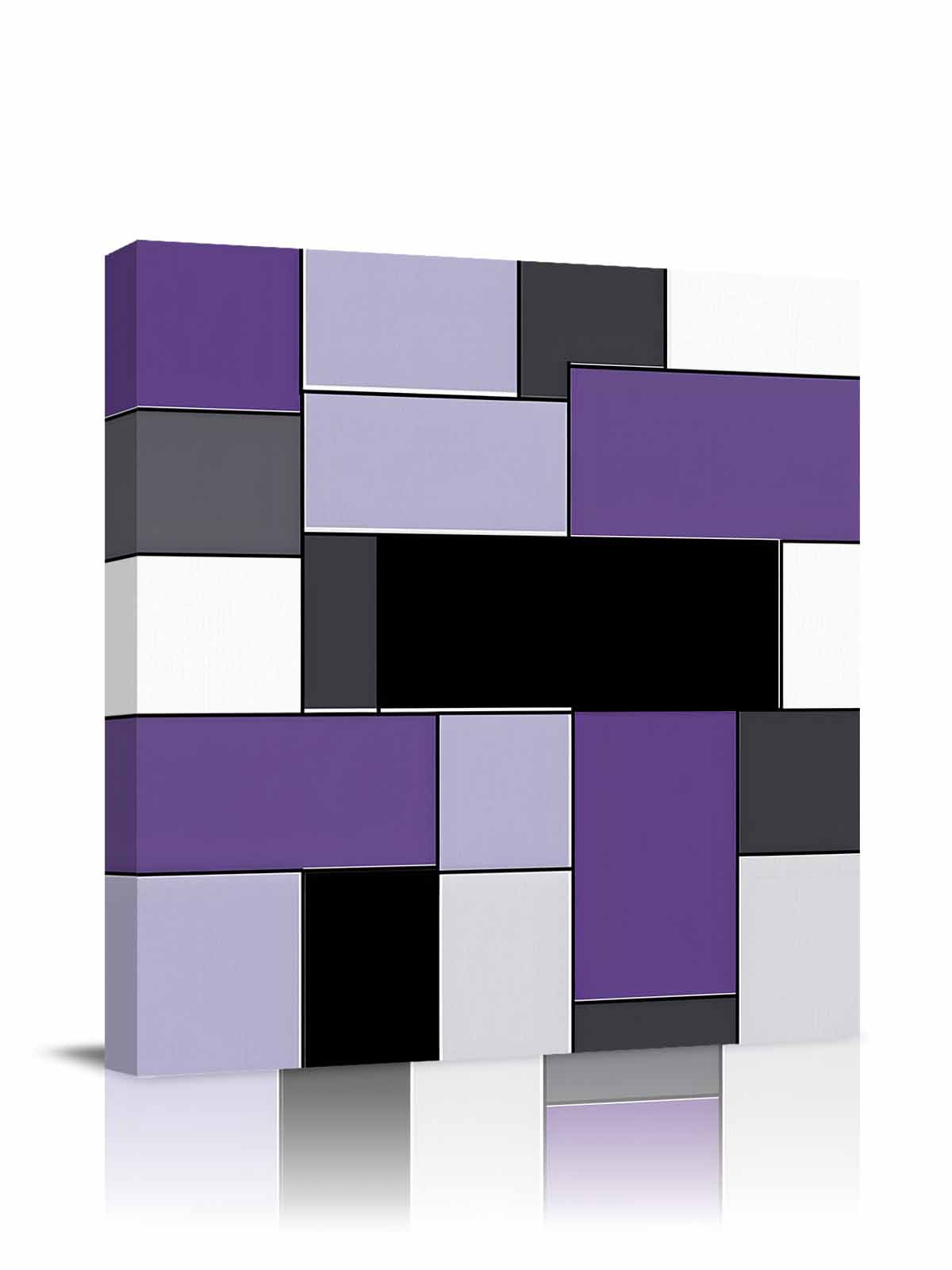 Purple Black Canvas Wall Art, Geometric Abstract Color Block Patchwork Framed Wall Decor Modern Artwork Prints Painting for Living Room, Bedroom, Kitchen & Cafe Decor 16x16 Inch