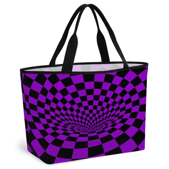 Purple Black Checkered Beach Bag for Women, Large Breathable Mesh Beach Tote Bag, Modern Abstract Art Sandproof Lightweight Travel Bags for Vacation Picnic Swimming Pool 15.7"x15.7"x9.1"