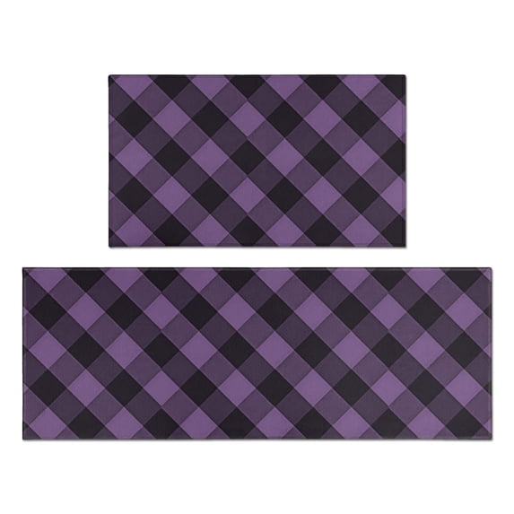 Purple and Black Checkered Pattern Anti Fatigue Kitchen Rugs Set Of 2, Non Slip Washable Decorative Floor Mats for Kitchen Sink Laundry, 17"x30" and 17"x47"