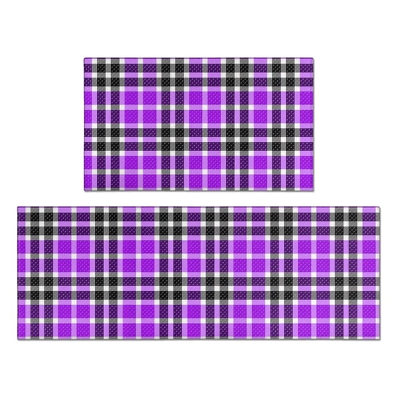Purple and Black Checkered Pattern Anti Fatigue Kitchen Rugs Set Of 2, Non Slip Washable Decorative Floor Mats for Kitchen Sink Laundry, 17"x30" and 17"x47"