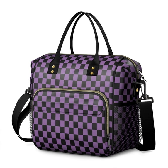 Purple and Black Checkered Pattern Insulated Leakproof Lunch Box for Women, Large Lunch Bag for Tween Teen Adult, Loncheras Para Mujer for Work Beach Travel Picnic Camping