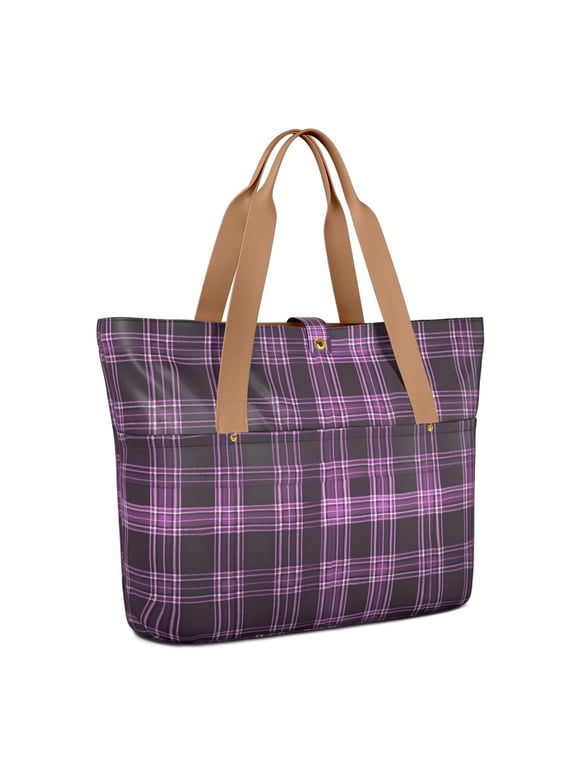 Purple and Black Checkered Pattern Large Tote Bag for Women, Polyester Roomy Shoulder Bag with Pockets and Zipper, Foldable Gifts Ideas for Work School Gym