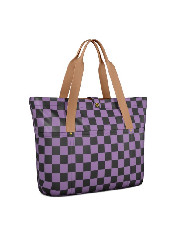 Purple and Black Checkered Pattern Large Tote Bag for Women, Polyester Roomy Travel Tote with Pockets and Zipper, Durable Gifts Ideas for Mom Wife Friend