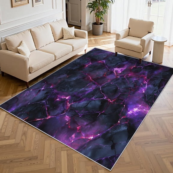 Purple Black Crack Marble Area Rug, Abstract Texture Pattern Carpet, Washable Non Slip Low Pile Soft Thin, Living Room Bedroom Home Decor Mat 5x8ft