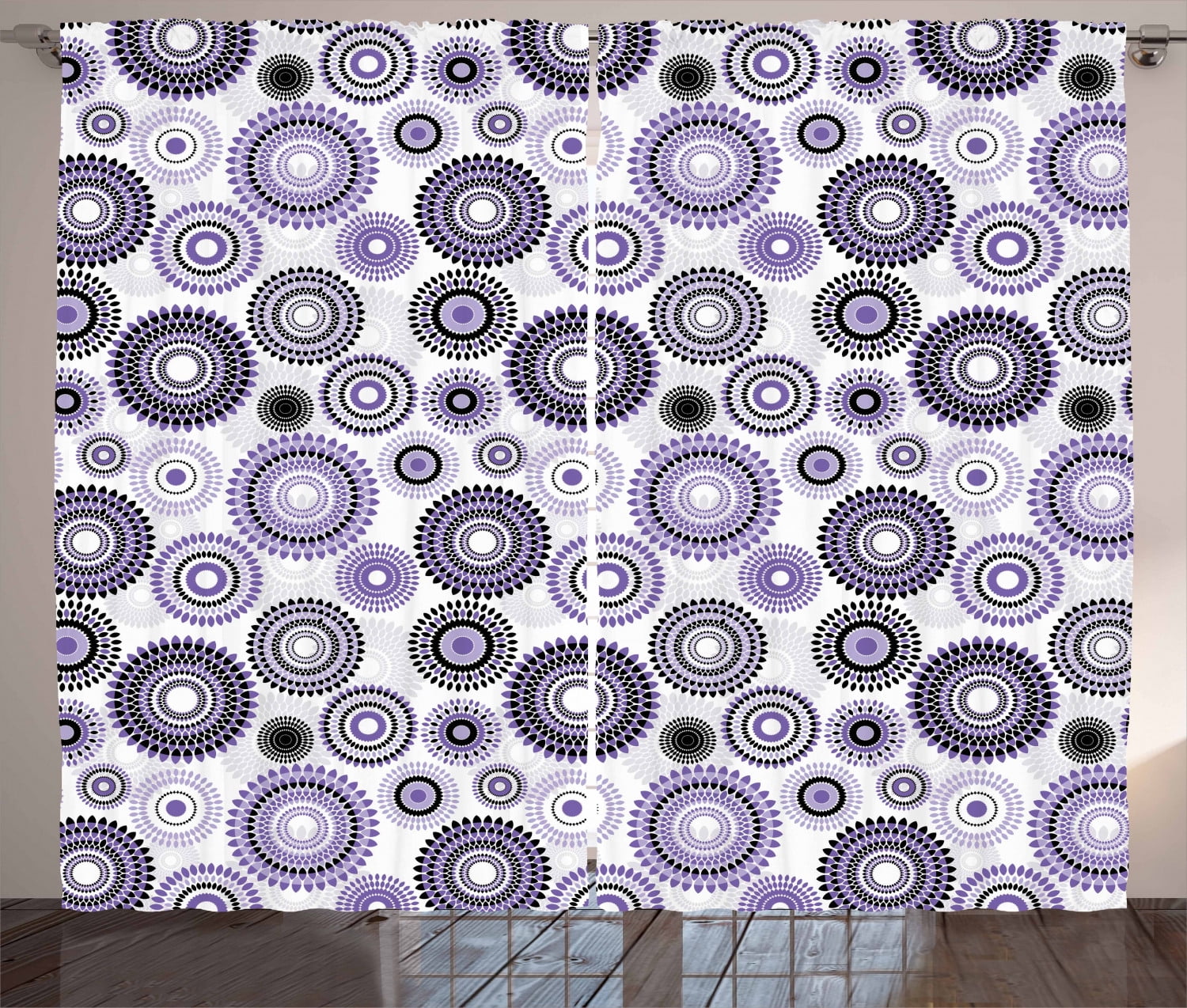 Black and Purple Mandala Polyester Light-Filtering Curtain Panel Pair
