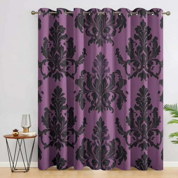 Purple And Black Damask Curtains, Baroque Blackout Curtains For Bedroom Living Room Decor, Victorian Floral Window Curtains Grommet Drapes 26"W x 84"L (Pack of 2)