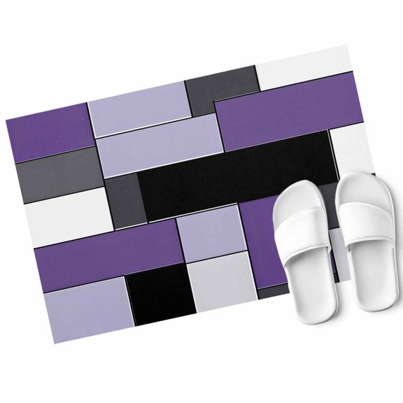 Purple Black Door Mat Geometric Abstract Color Block Patchwork Non Slip Absorbent Entrance Mat Washable Low Profile Indoor Doormat for Front Door Entryway Entry 16"x24"