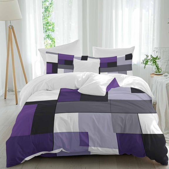 Purple Black Geometric 4 Piece Duvet Cover Set California King Size Abstract Patchwork Soft Bedding Set Comforter Cover, 1 Duvet Cover 1 Flat Sheets and 2 Pillowcases