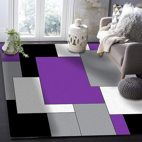 Purple Black Geometric Area Rugs Indoor Non-Slip Rug, Abstract Color Block Purple Black Gray Rug Rubber Backing Floor Mats Home Decor Carpet For Entryway Living Room 3' x 4'