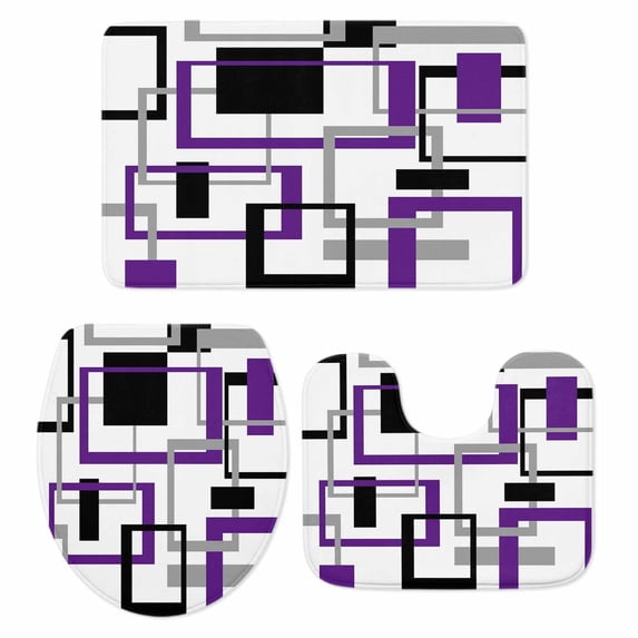 Purple Black Geometric Bath Mat 3 Piece Bathroom Rug Set, Minimalist Stripes Abstract Art Non Slip Bath Rug Contour Mat and Toilet Lid Cover, Absorbent Shower Mats Soft Bath Rugs and Mats Sets