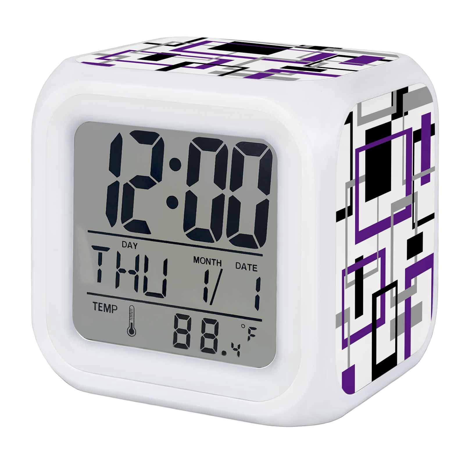 Purple Black Geometric Digital Alarm Clock for Bedrooms,Smart LED Alarm Clock with 7 Color Changing Night Light,Minimalist Stripes Abstract Art Silent Wake Up Clocks for Sleep Study Cooking 3.2"x3.2"