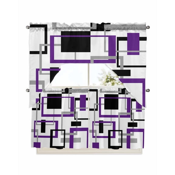 Purple Black Geometric Kitchen Curtains Swag Valance and Tier Curtains Set 24 Inch Length, Minimalist Stripes Abstract Art Rod Pocket Drape Panels Pair Swag Curtains for Bathroom/Cafe/Window