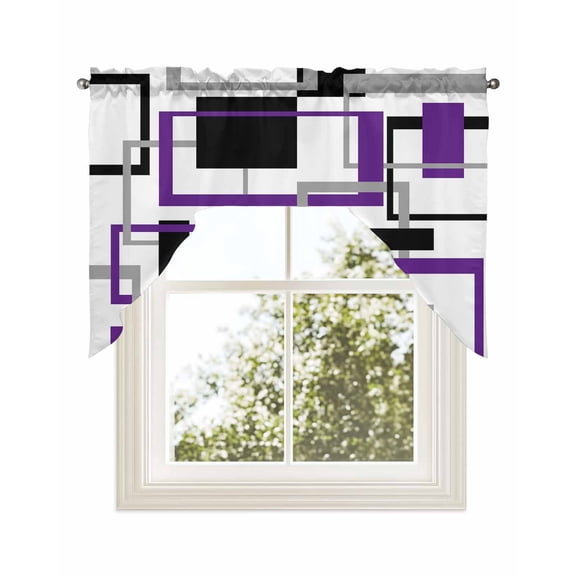 Purple Black Geometric Kitchen Curtains Swag Valance for Windows/Bathroom/Cafe, Minimalist Stripes Abstract Art Rod Pocket Drape Panel Swag Curtains Valance for Bedroom/Living Room 56"x36"