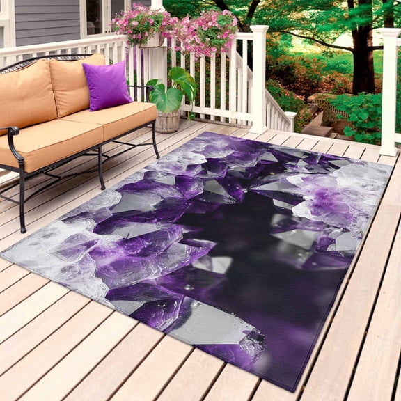 Purple Black Geometric Outdoor Rug 3x5 Ft, Non Slip Washable Area Rug, Modern Abstract Crystals Artwork Patio Rugs Carpet Runner, Large Floor Mat for Indoor/Outdoor Deck Porch Camping