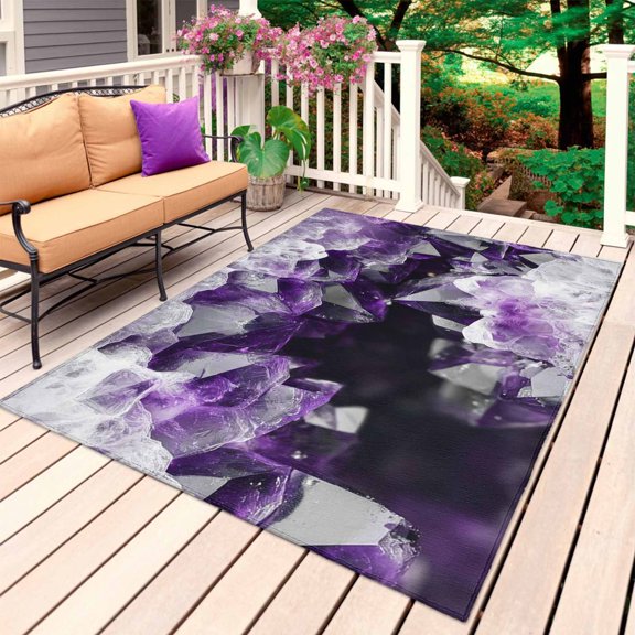 Purple Black Geometric Outdoor Rug 4x6 Ft, Non Slip Washable Area Rug, Modern Abstract Crystals Artwork Patio Rugs Carpet Runner, Large Floor Mat for Indoor/Outdoor Deck Porch Camping